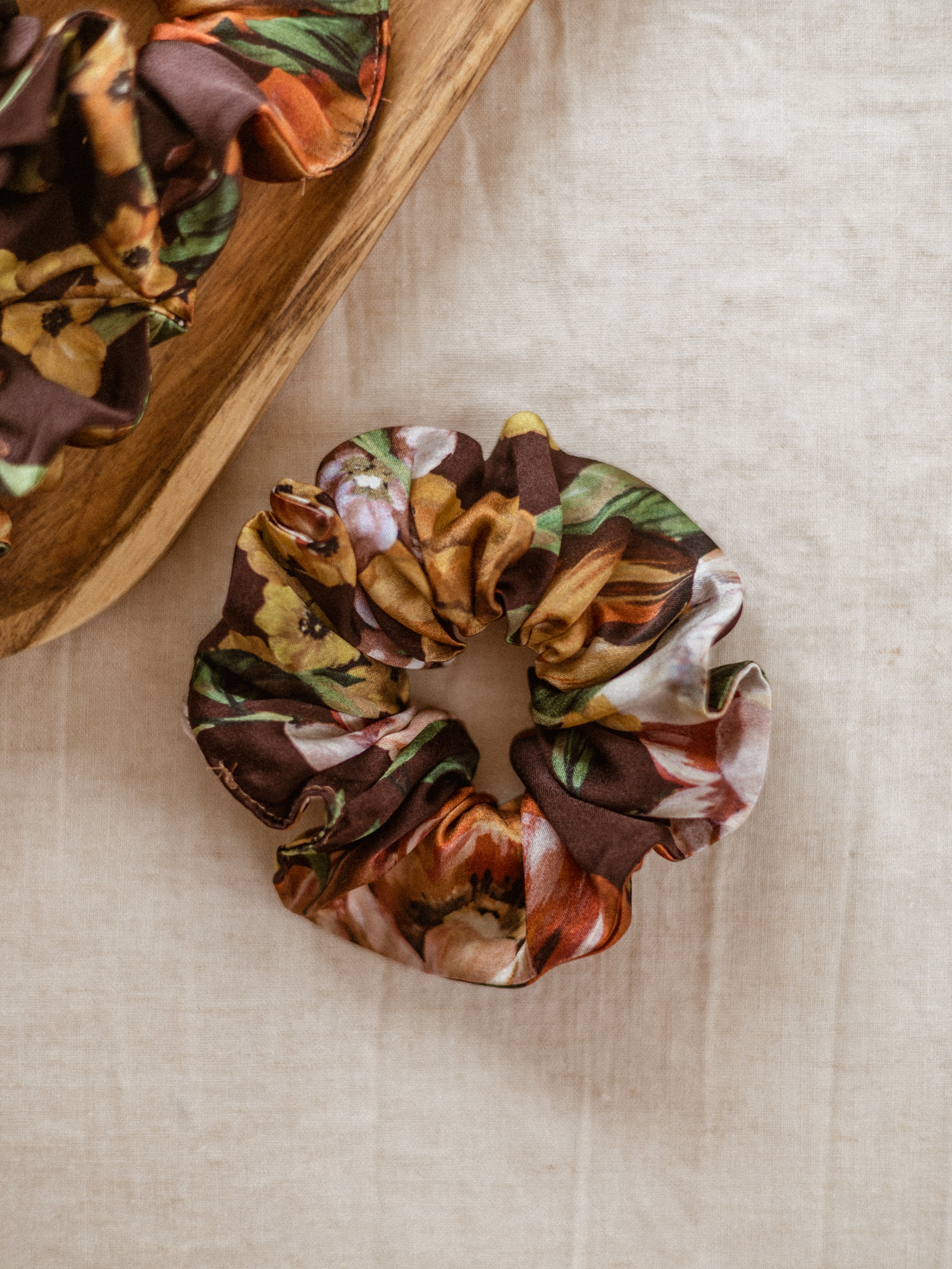 Multiples Brown Monogram Hair Scarf and Pink Floral Scrunchie Set 100% Mulberry Silk scrunchie set  main image 2
