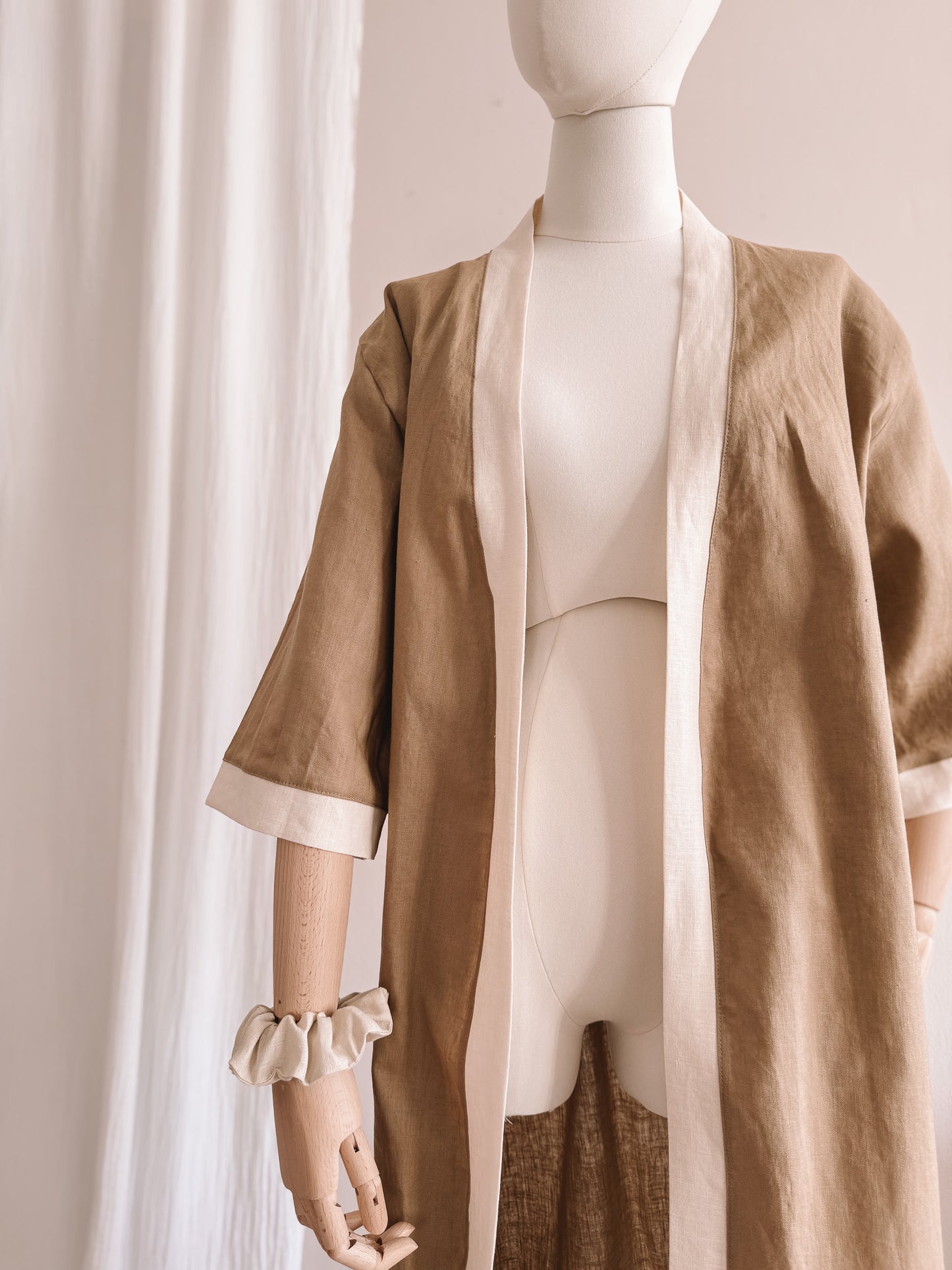Linen robe  / colorblock - khaki