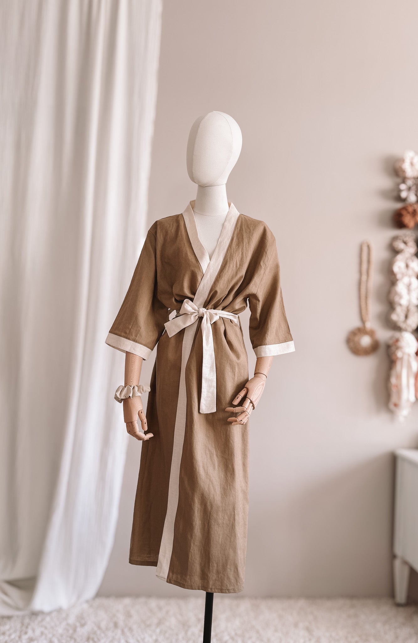 Linen robe  / colorblock - khaki