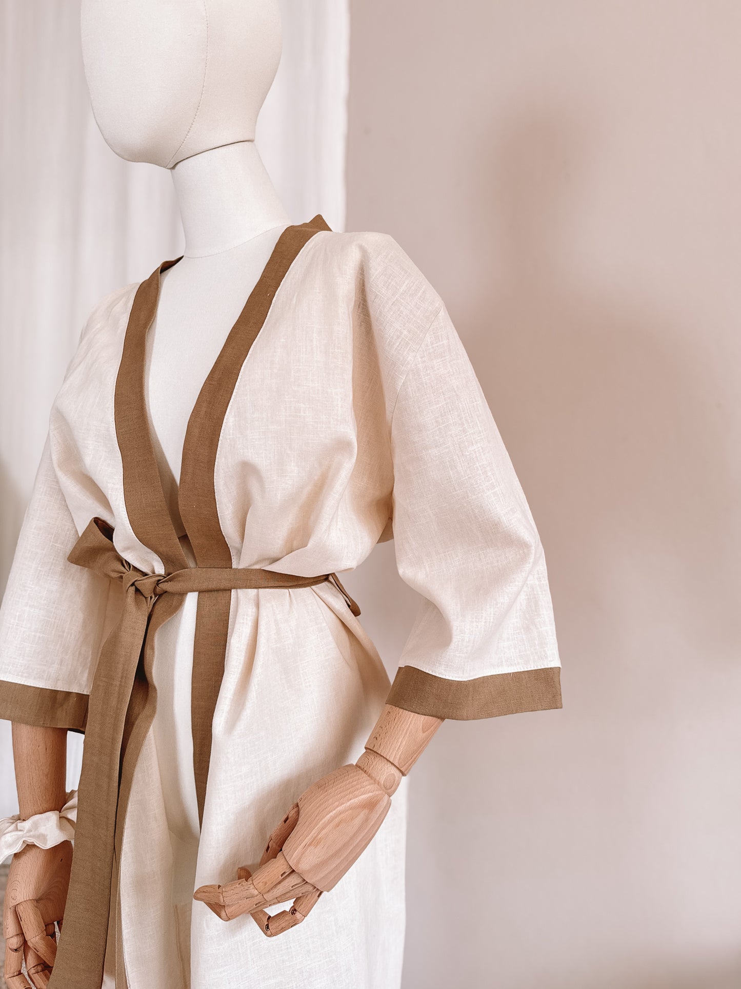 Linen robe  / colorblock - milk