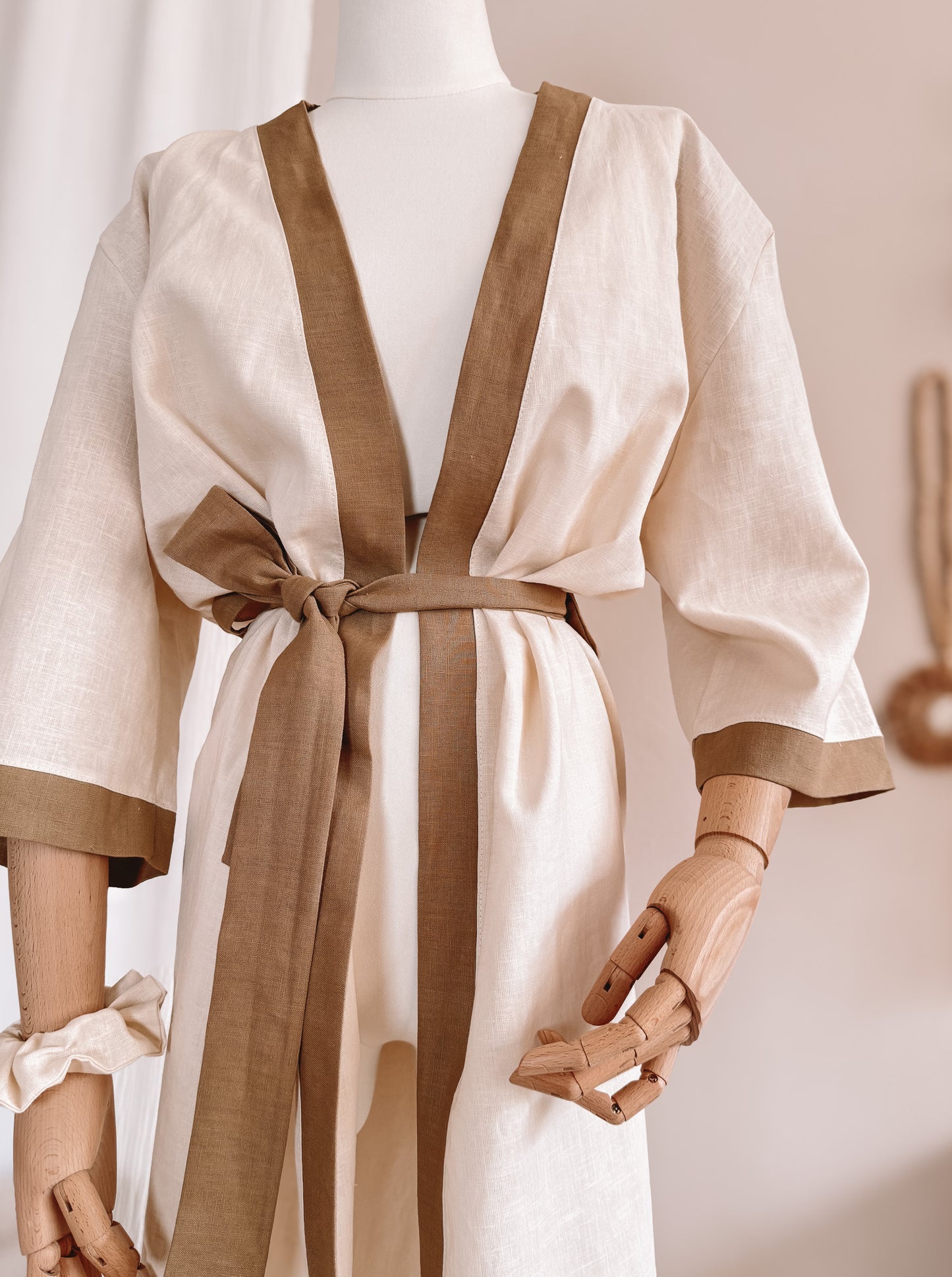Linen robe  / colorblock - milk