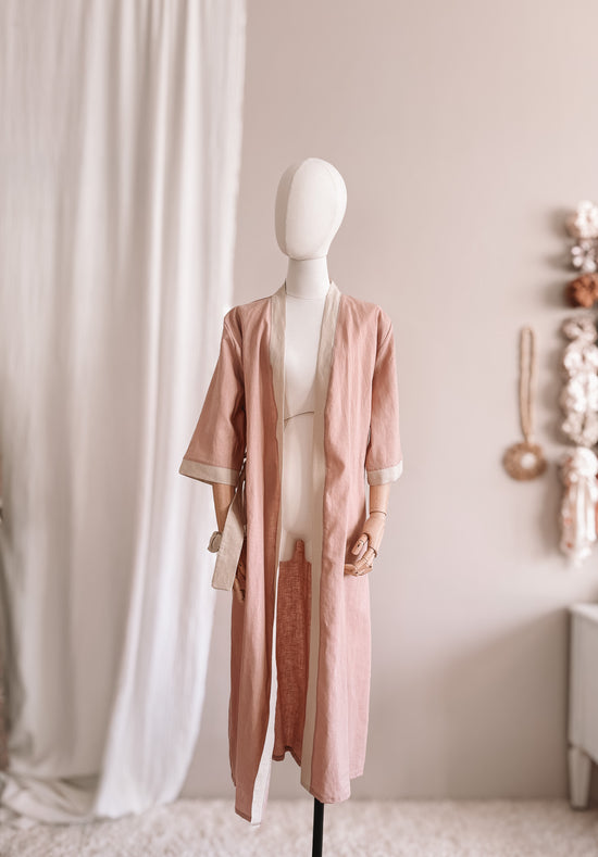Linen robe  / colorblock - blush