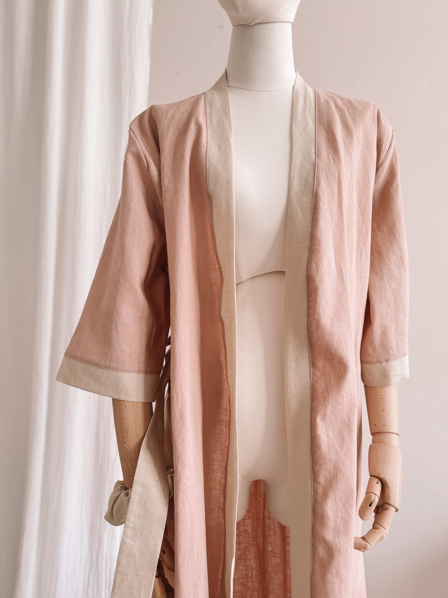 Linen robe  / colorblock - blush