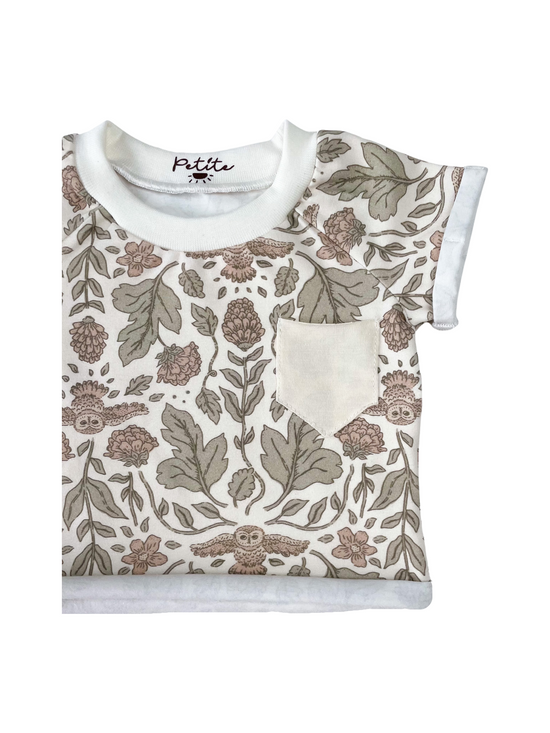 Jersey t-shirt / botanical owls - ecru