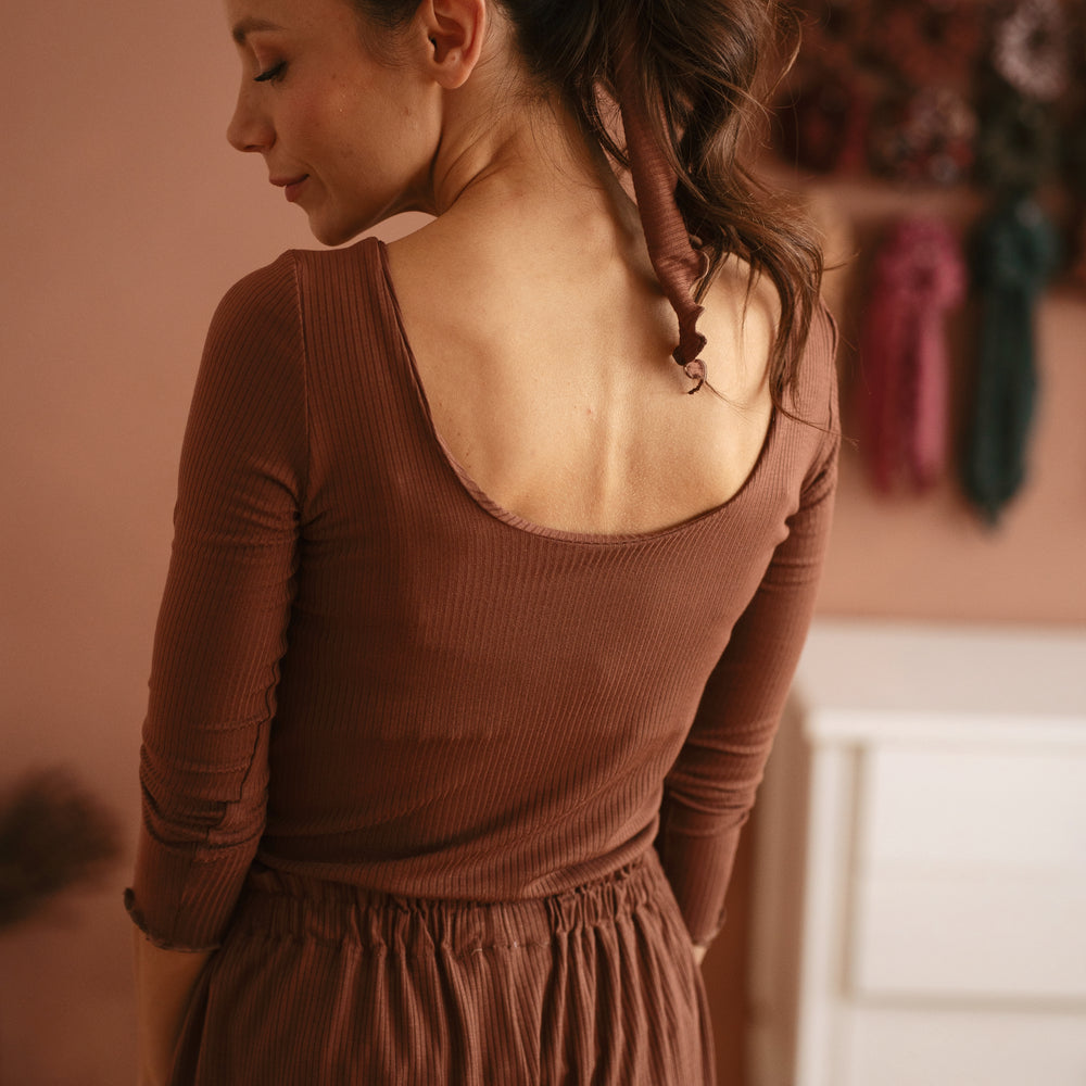 Modal ribbed 3/4 sleeve top / chocolate