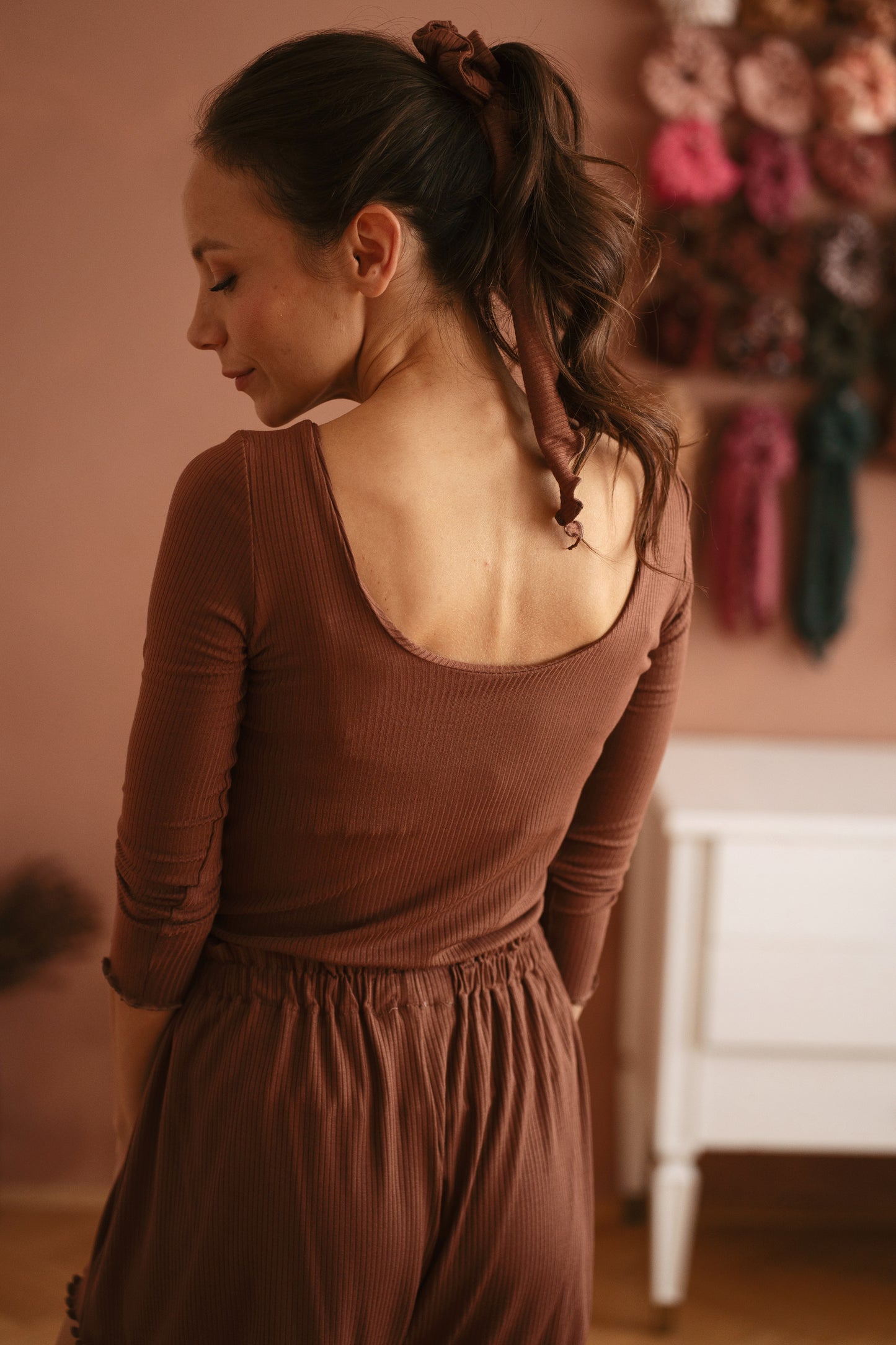 Modal ribbed 3/4 sleeve top / chocolate