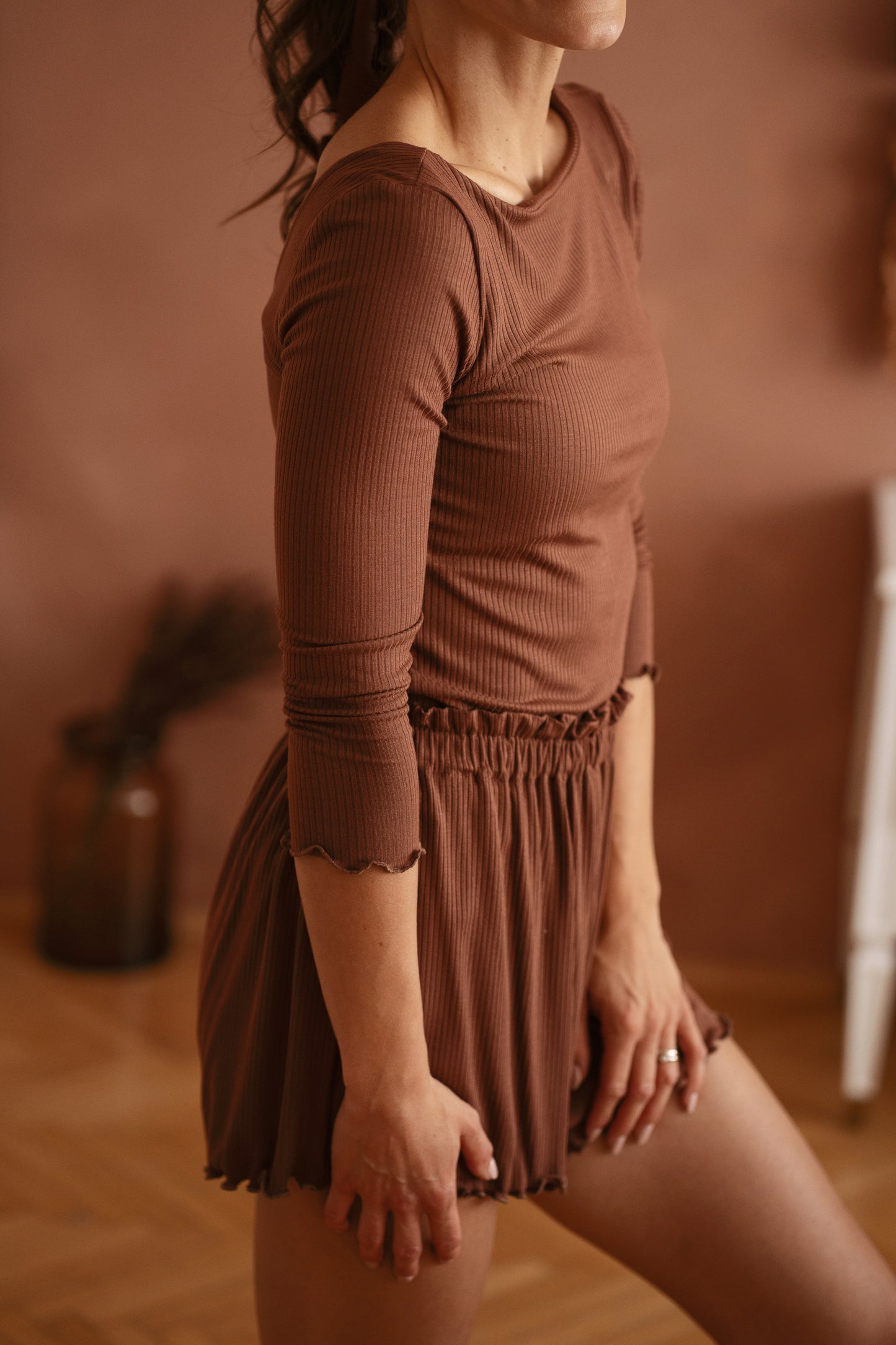 Modal ribbed 3/4 sleeve top / chocolate