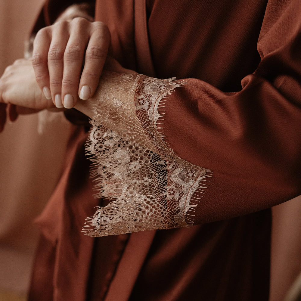 
                      
                        Satin + lace robe / terracotta
                      
                    