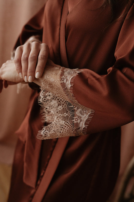 Satin + lace robe / terracotta