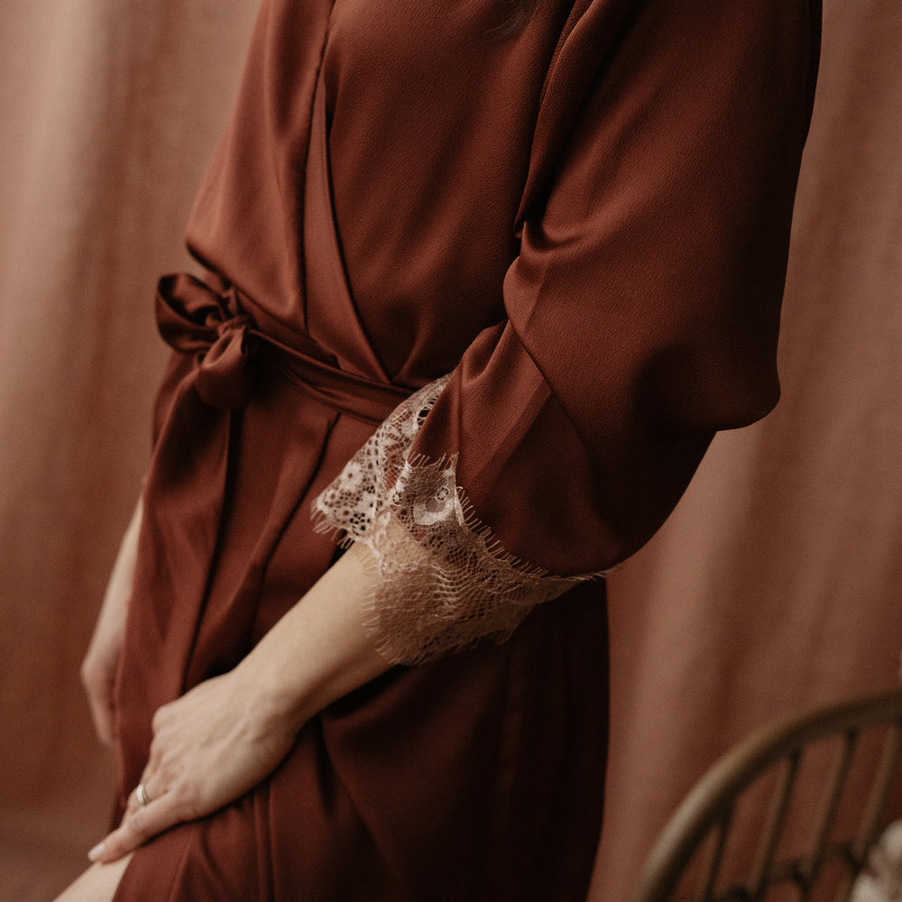 
                      
                        Satin + lace robe / terracotta
                      
                    