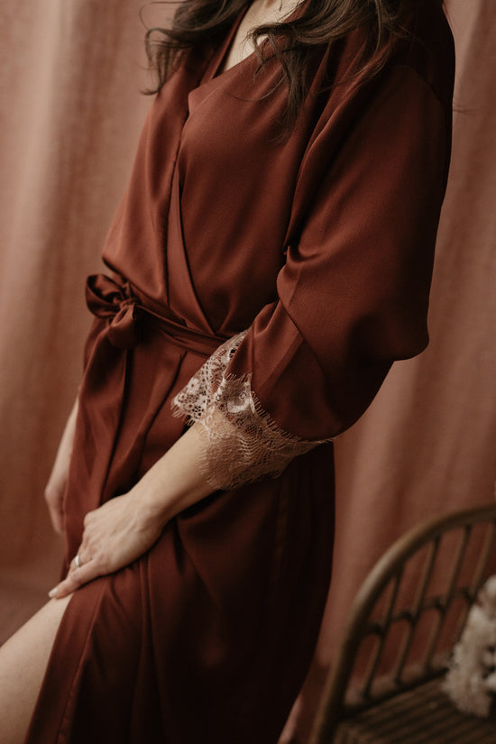 Satin + lace robe / terracotta