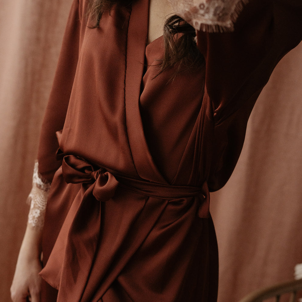 
                      
                        Satin + lace robe / terracotta
                      
                    