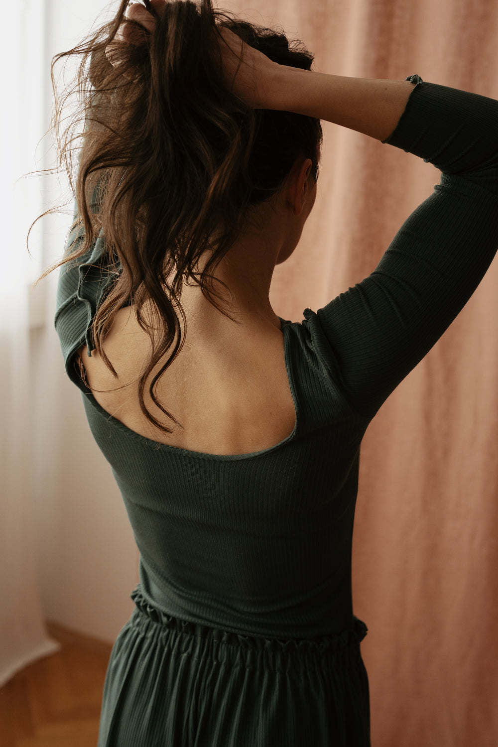 Modal ribbed 3/4 sleeve top / deep green