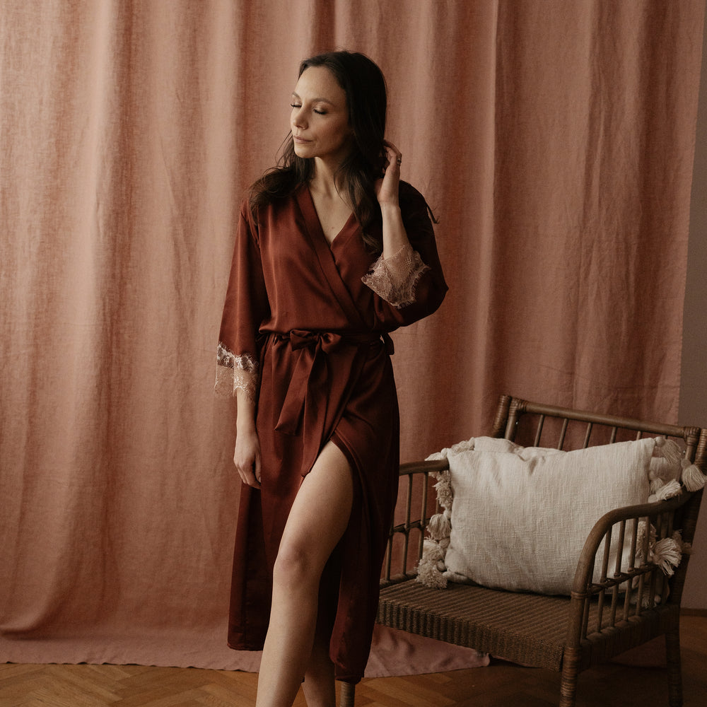 
                      
                        Satin + lace robe / terracotta
                      
                    