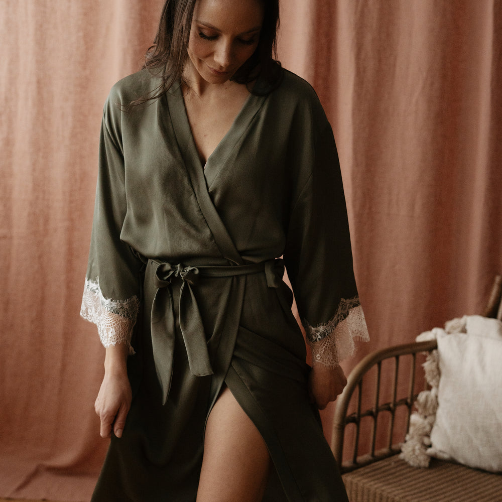 
                      
                        Satin + lace robe / olive
                      
                    