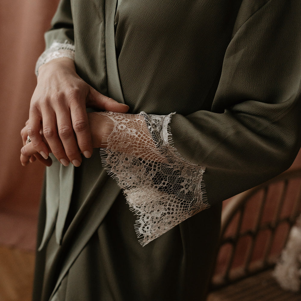 
                      
                        Satin + lace robe / olive
                      
                    