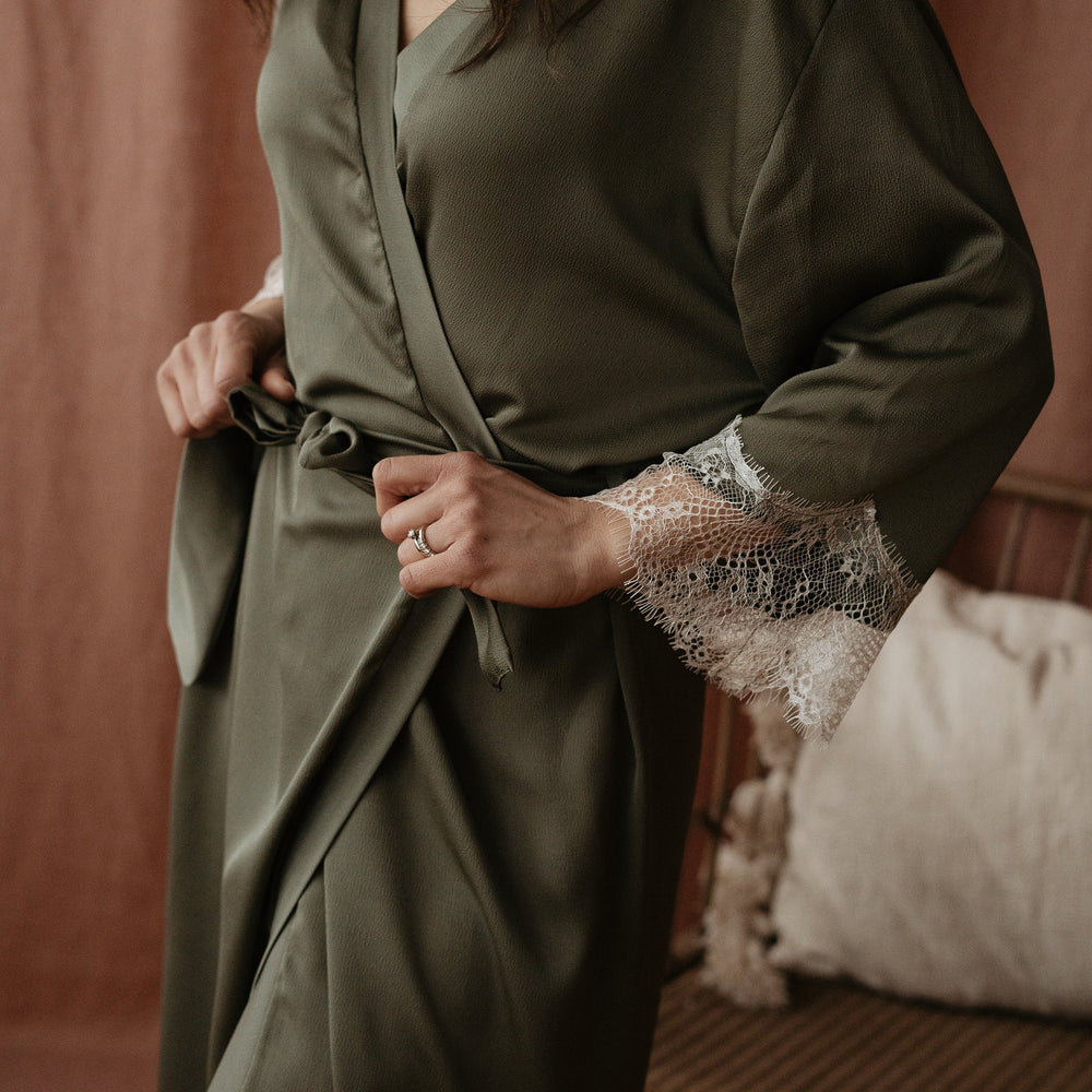 
                      
                        Satin + lace robe / olive
                      
                    