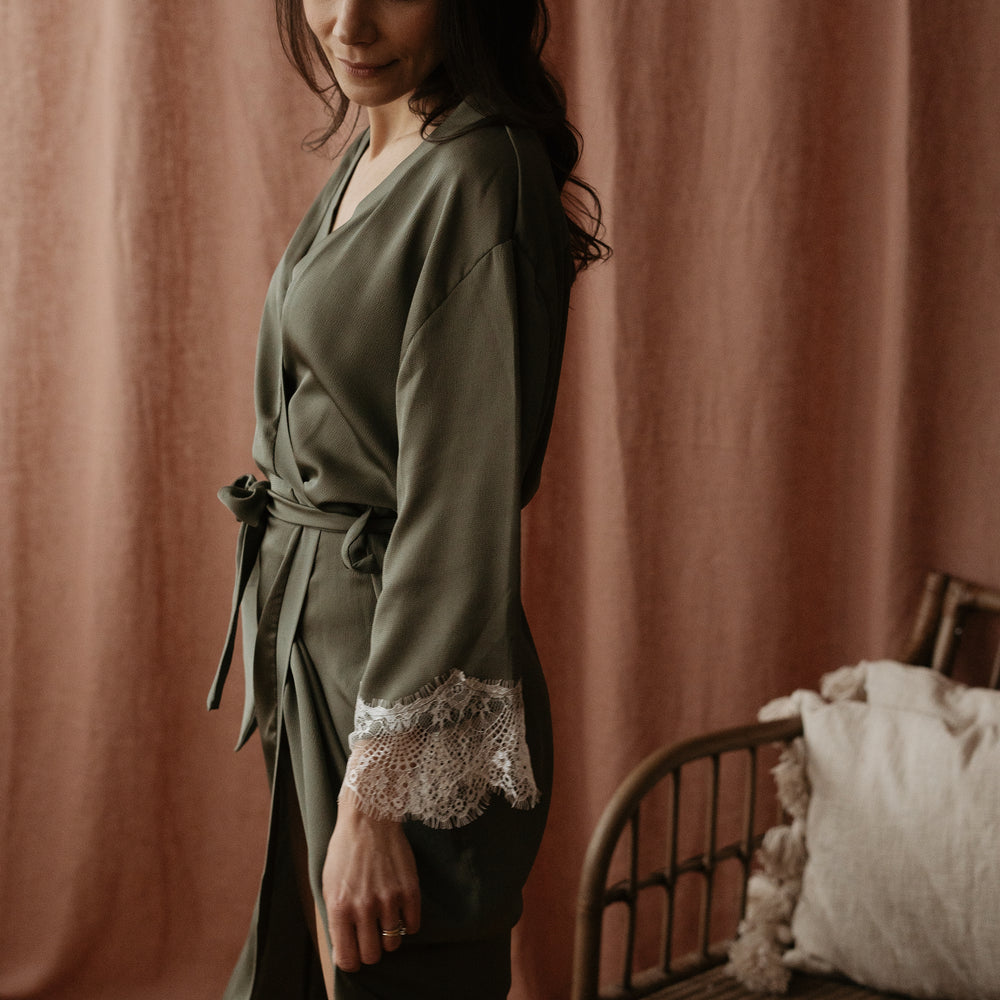 
                      
                        Satin + lace robe / olive
                      
                    