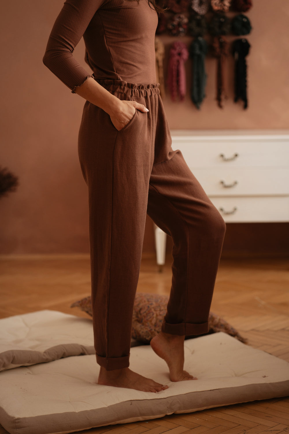 Long Poppy pants / Linen - Chocolate