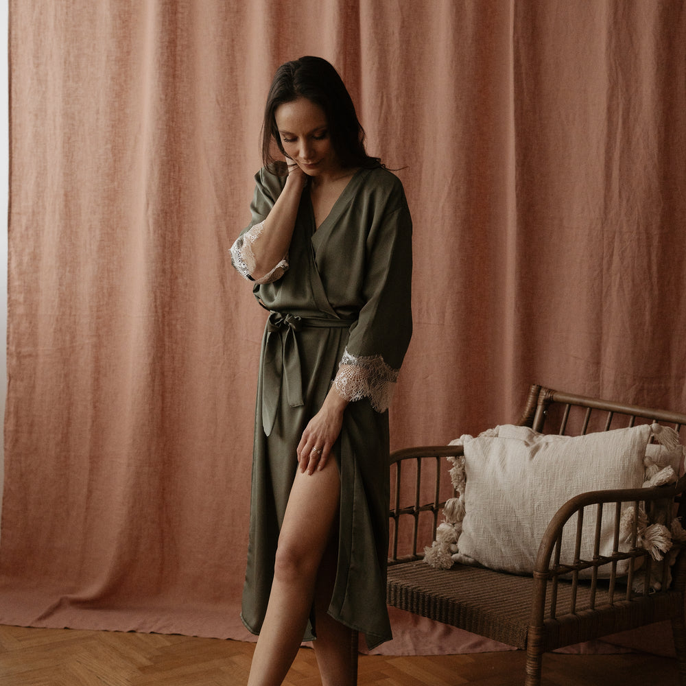 
                      
                        Satin + lace robe / olive
                      
                    