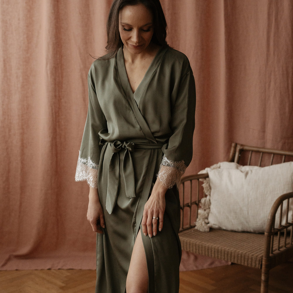 
                      
                        Satin + lace robe / olive
                      
                    