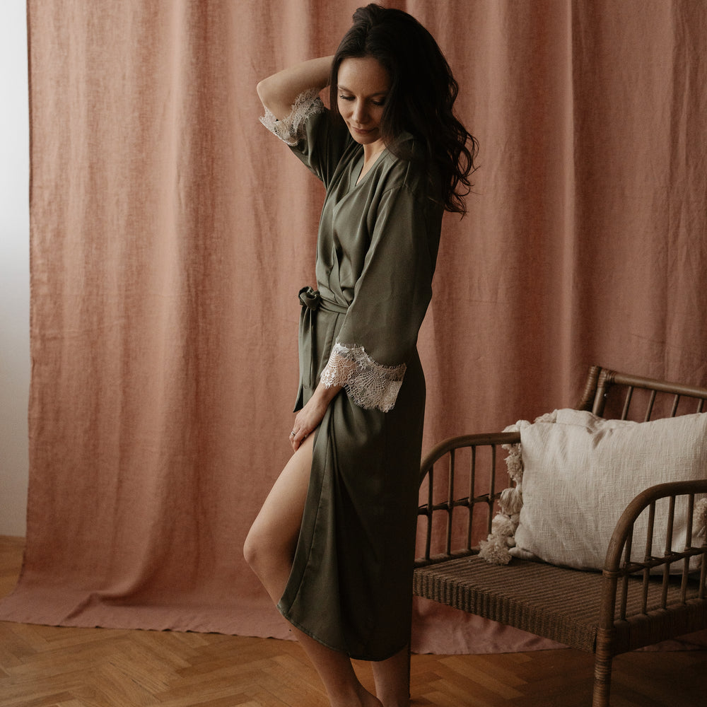 
                      
                        Satin + lace robe / olive
                      
                    