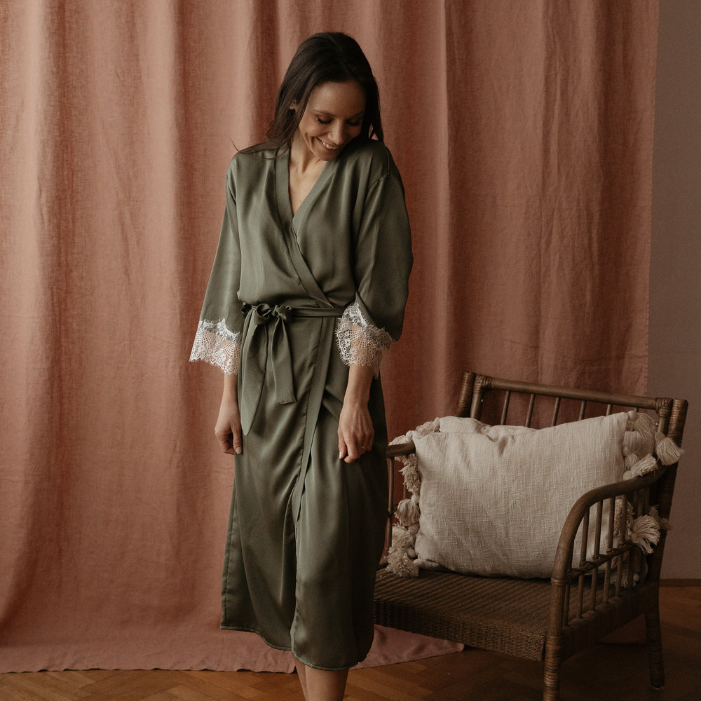 
                      
                        Satin + lace robe / olive
                      
                    