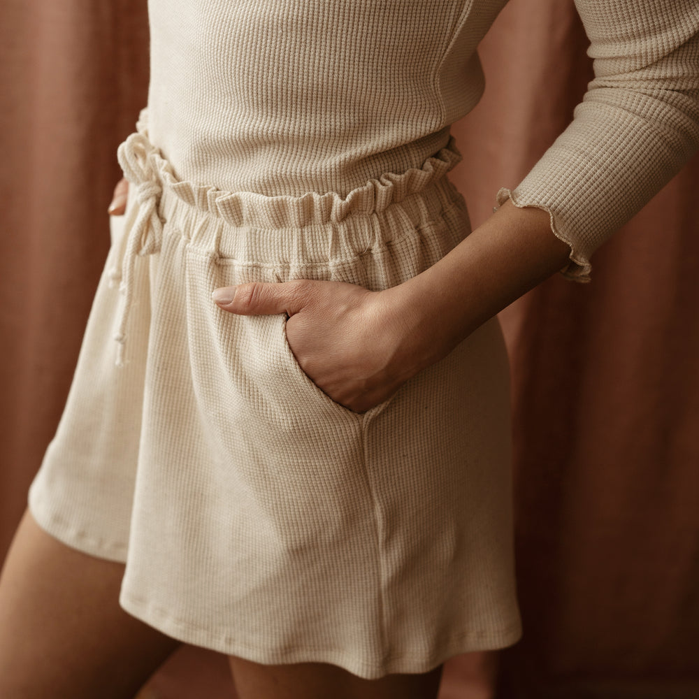 
                      
                        Linen Waffle Ruffle Shorts
                      
                    