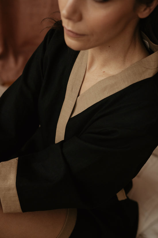 Linen robe  / colorblock - black