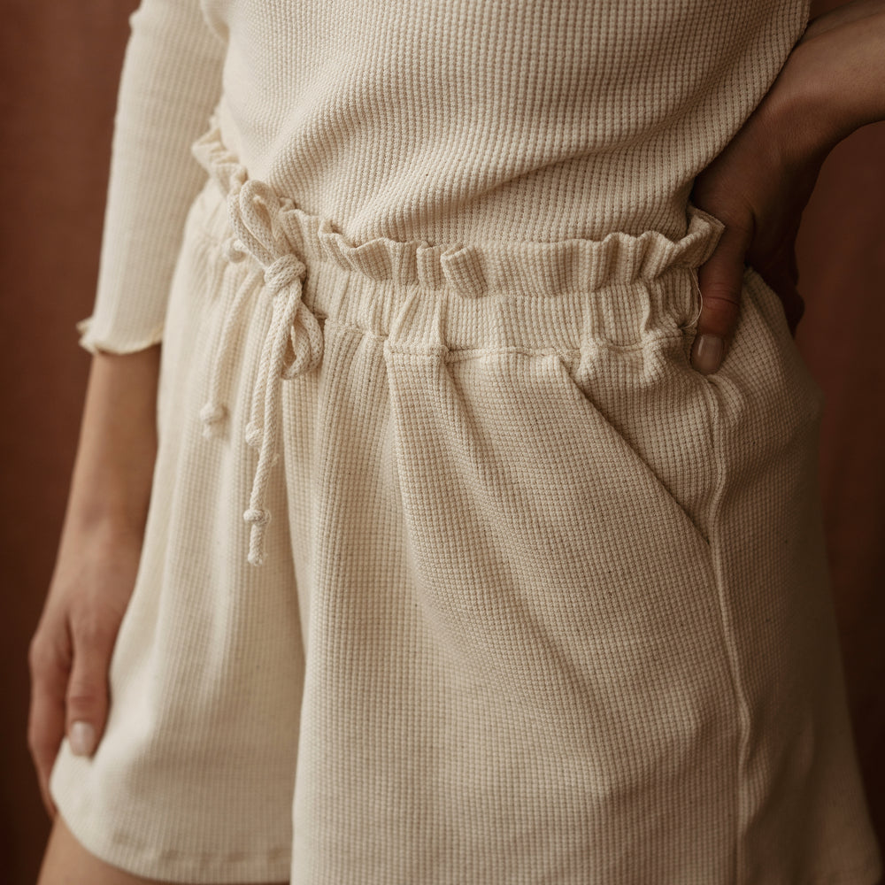 
                      
                        Linen Waffle Ruffle Shorts
                      
                    