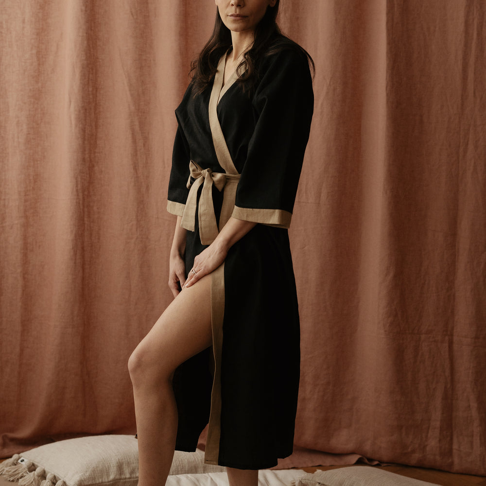 Linen robe  / colorblock - black