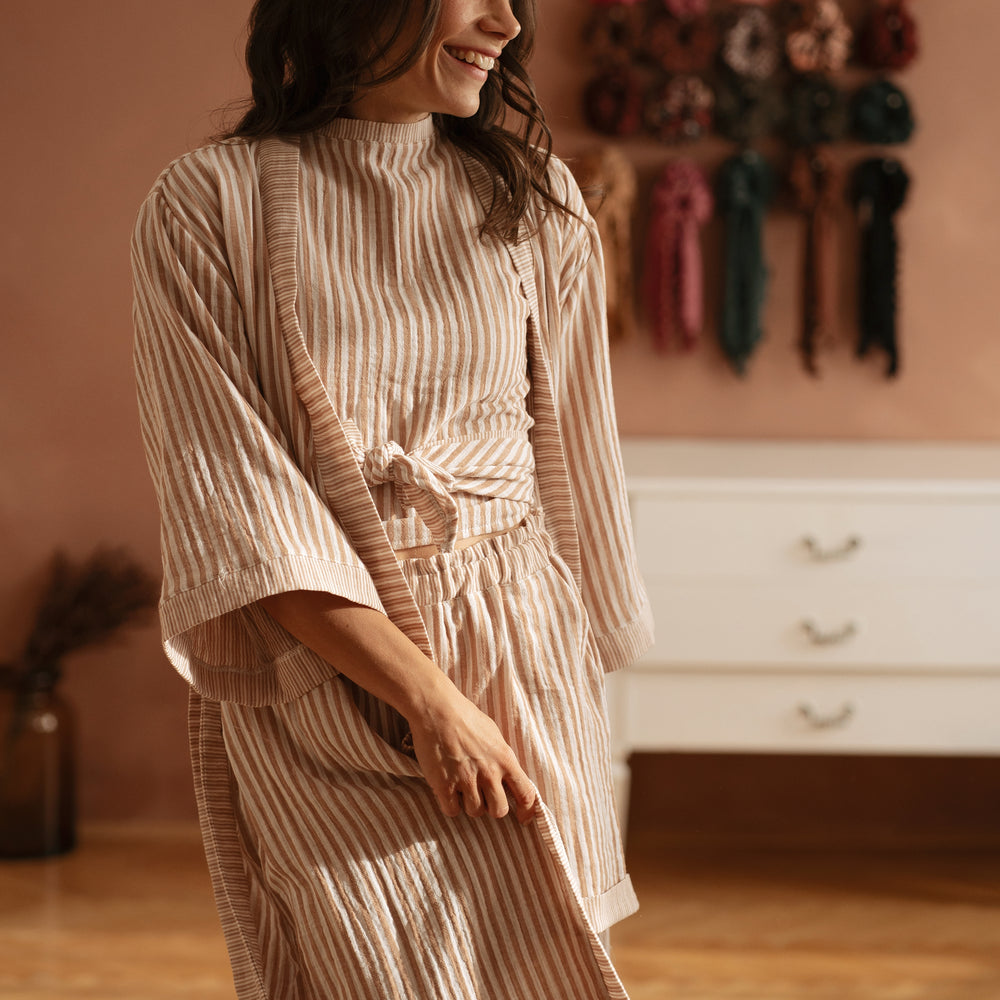 Muslin robe / Stripes - Nude