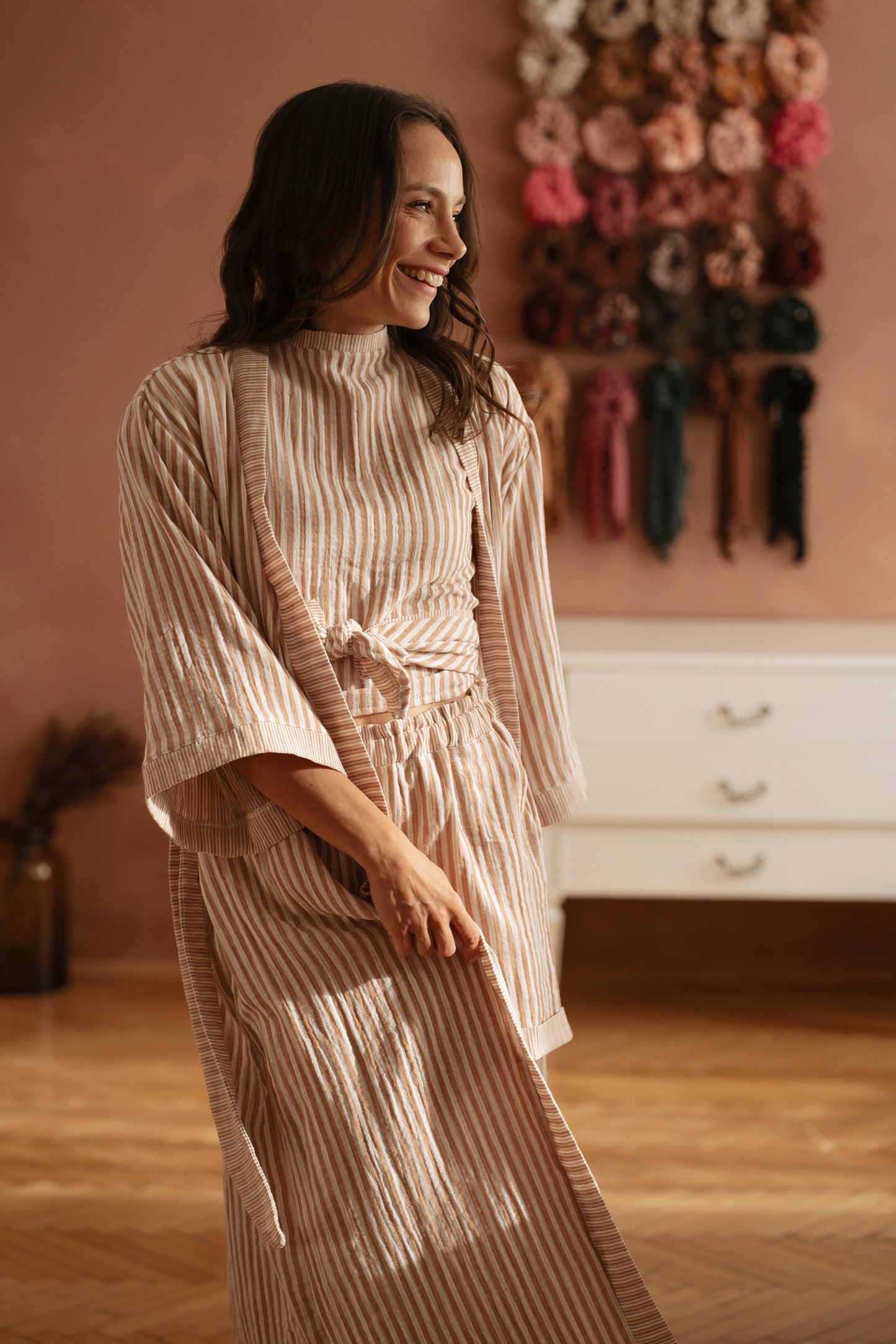 Muslin robe / Stripes - Nude