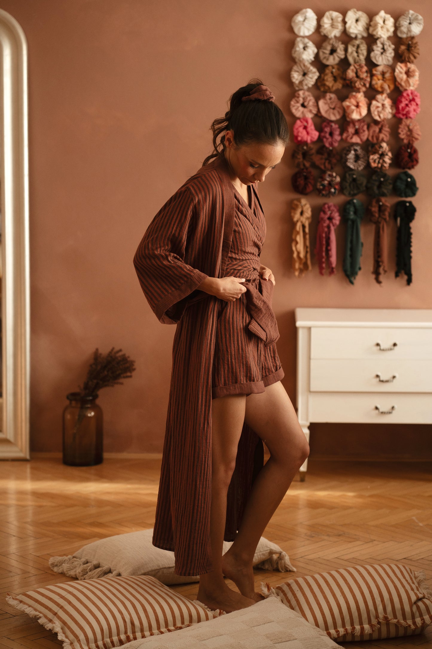 Muslin robe / stripes - chocolate