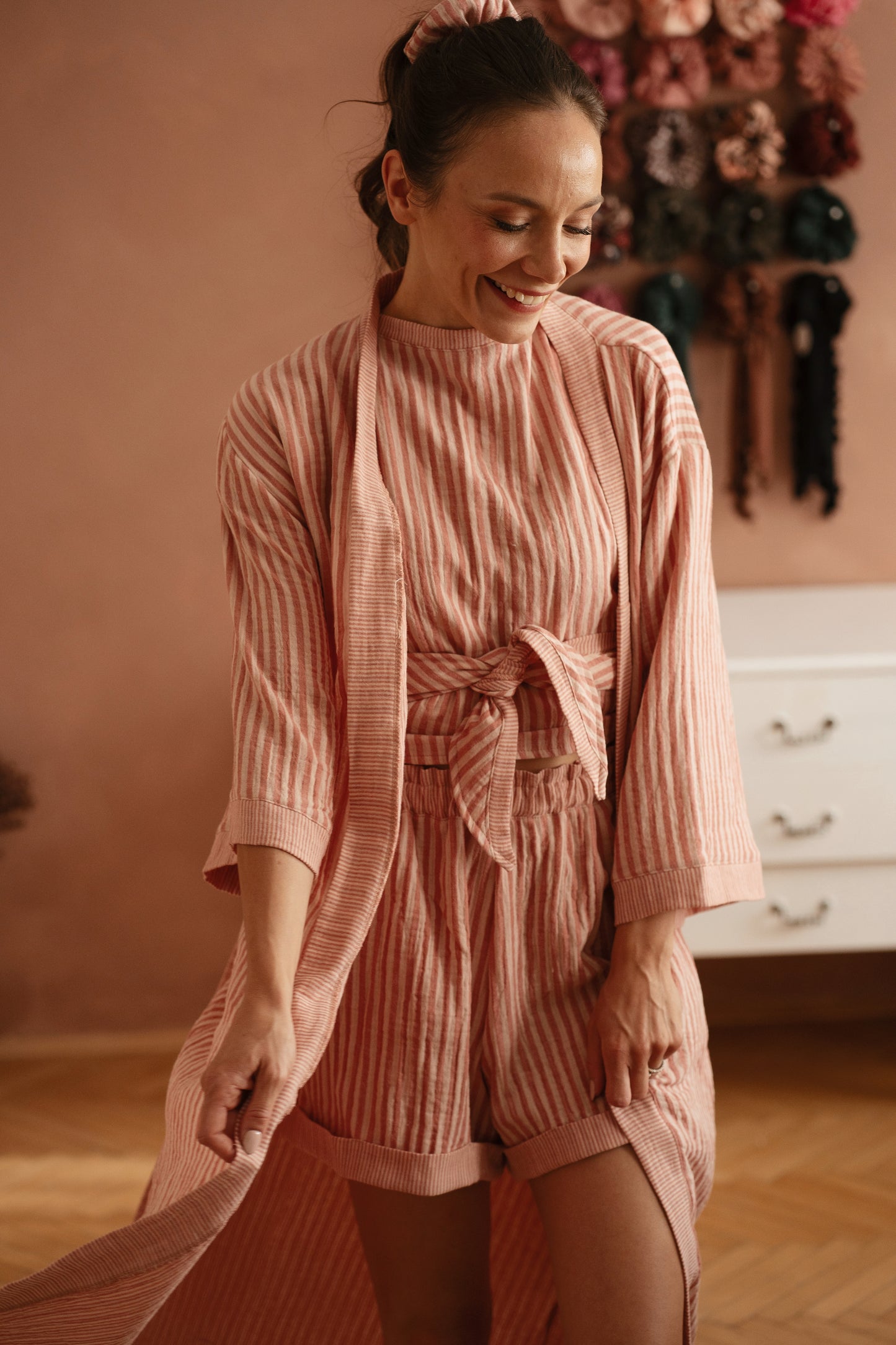 Muslin robe / stripes - peach