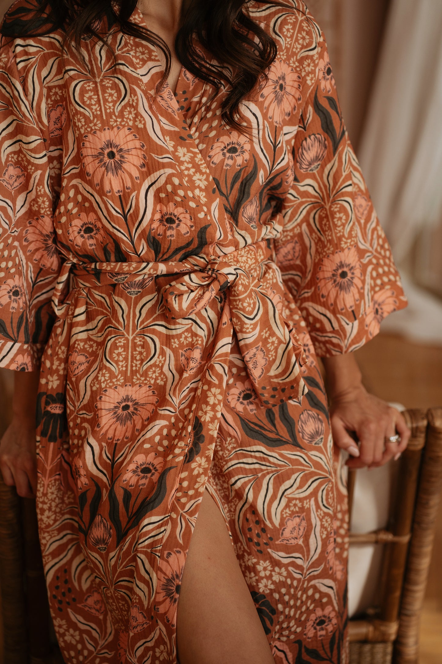 Muslin robe / bohemian floral - chocolate