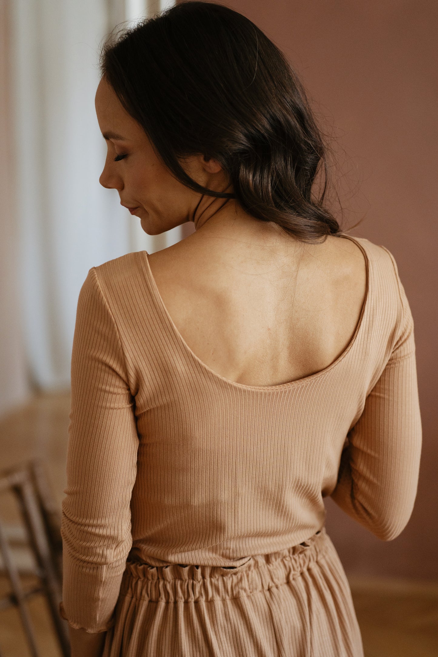 Modal ribbed 3/4 sleeve top / nougat