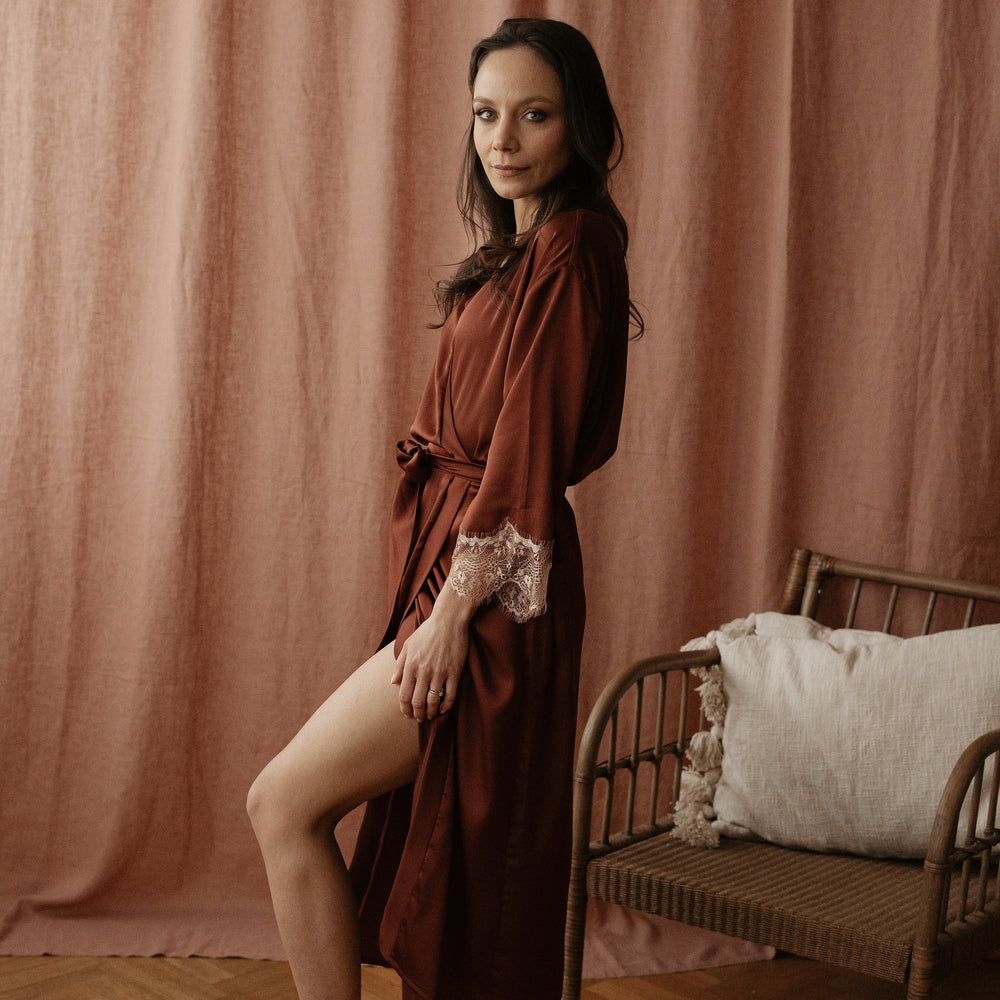 Satin + lace robe / terracotta