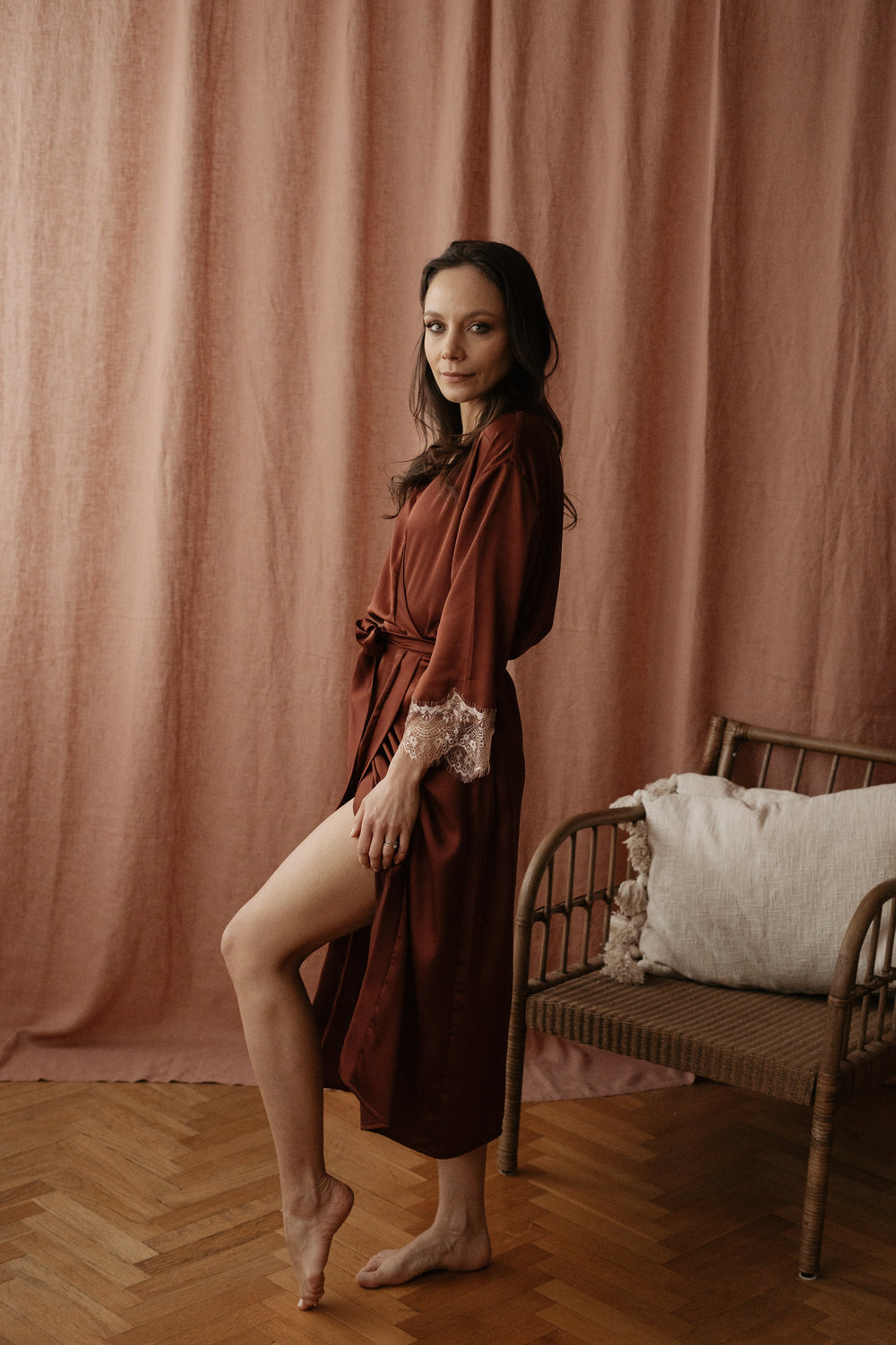 Satin + lace robe / terracotta