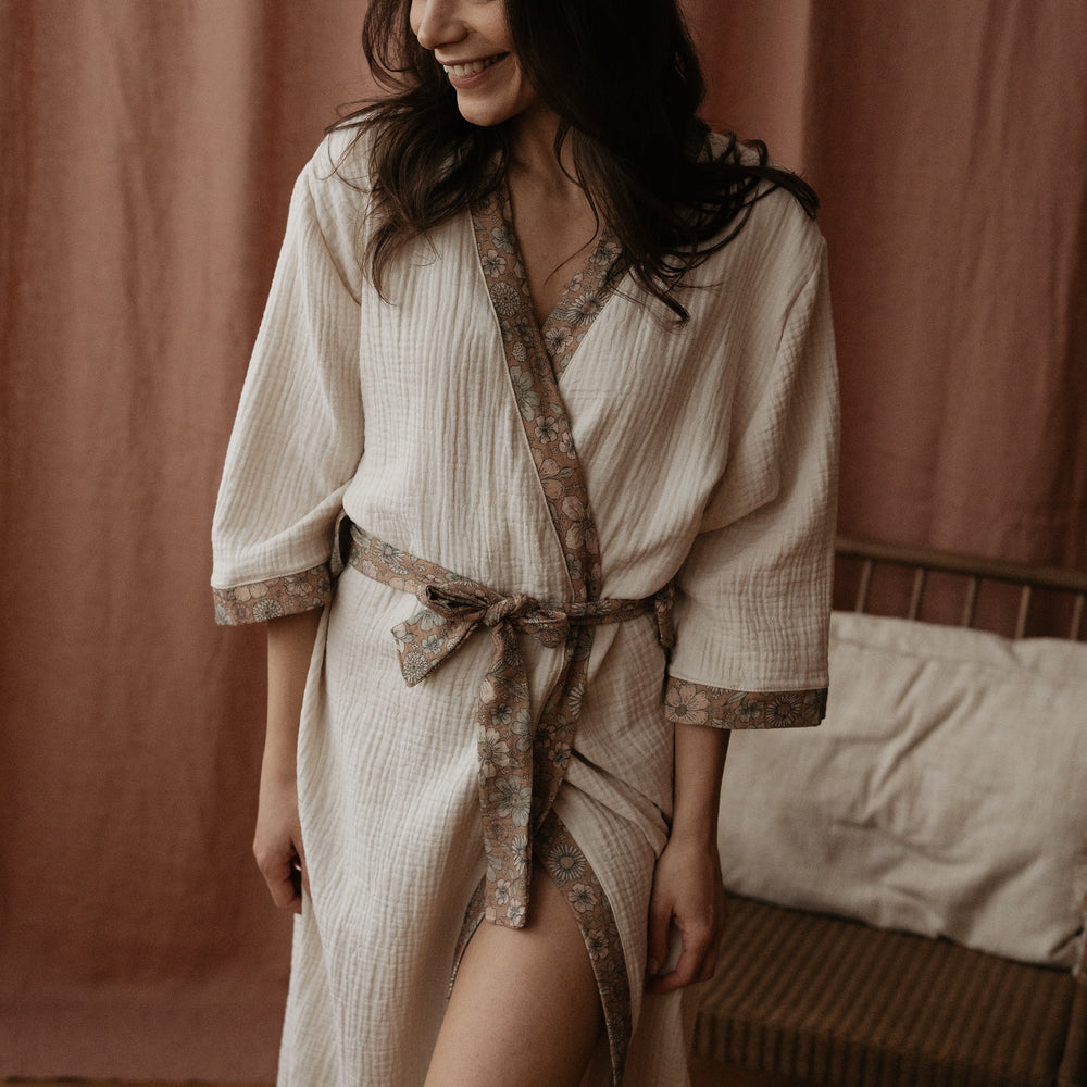 
                      
                        Muslin robe  / milk + bold floral caramel
                      
                    