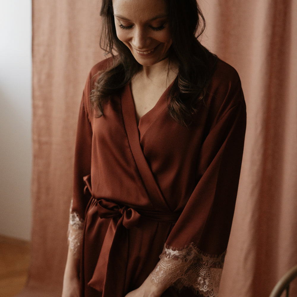 
                      
                        Satin + lace robe / terracotta
                      
                    