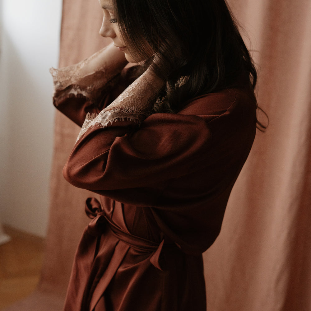 
                      
                        Satin + lace robe / terracotta
                      
                    