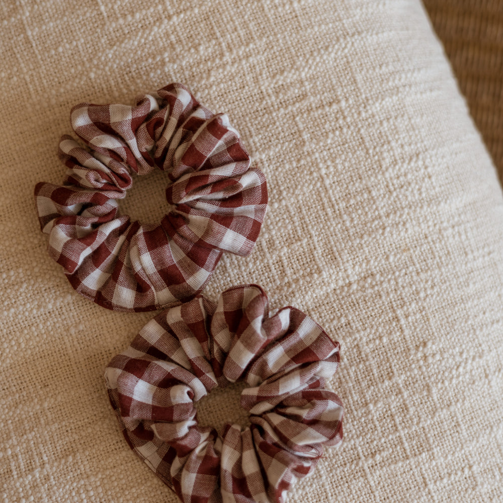 Wide Muslin Scrunchie/ checkers - burgundy