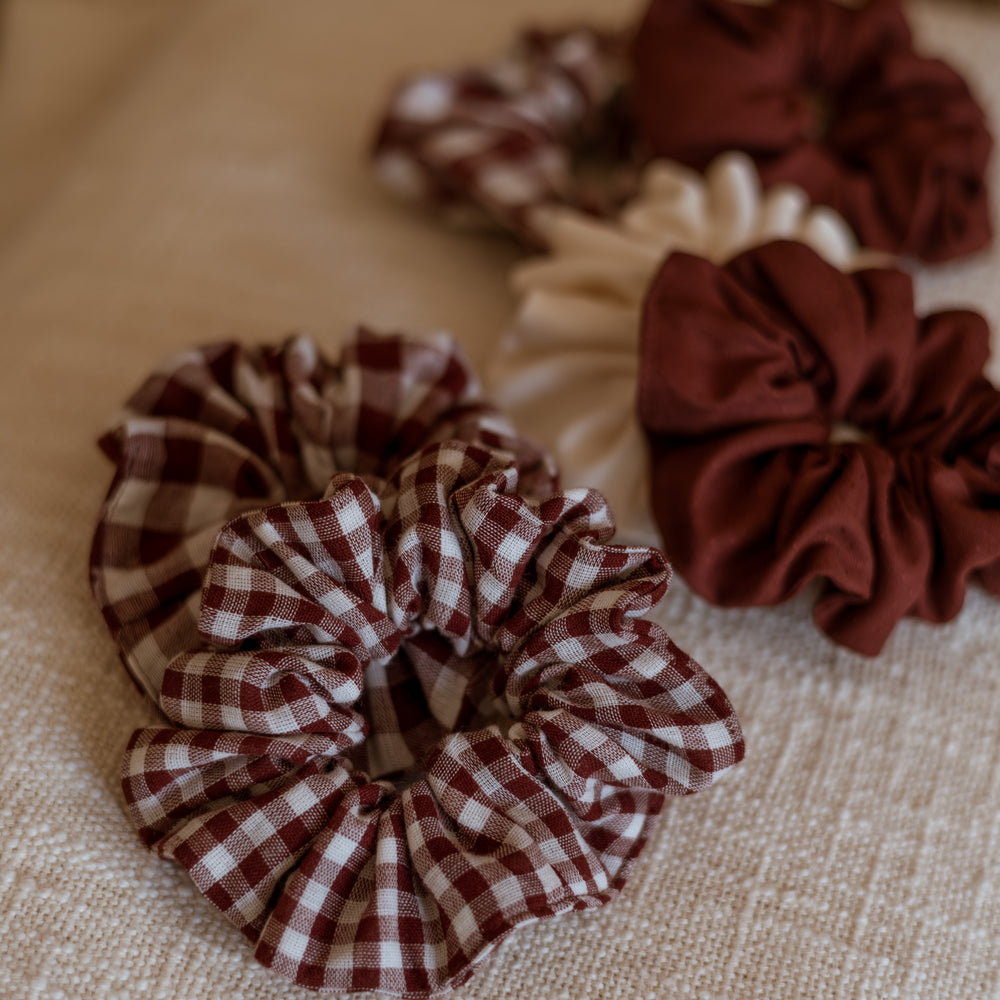 Wide Muslin Scrunchie/ checkers - burgundy