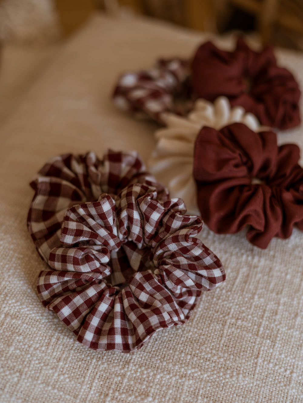 Wide Muslin Scrunchie/ checkers - burgundy