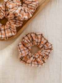 Wide Scrunchie / Checkers Rose + Orange + Chocolate