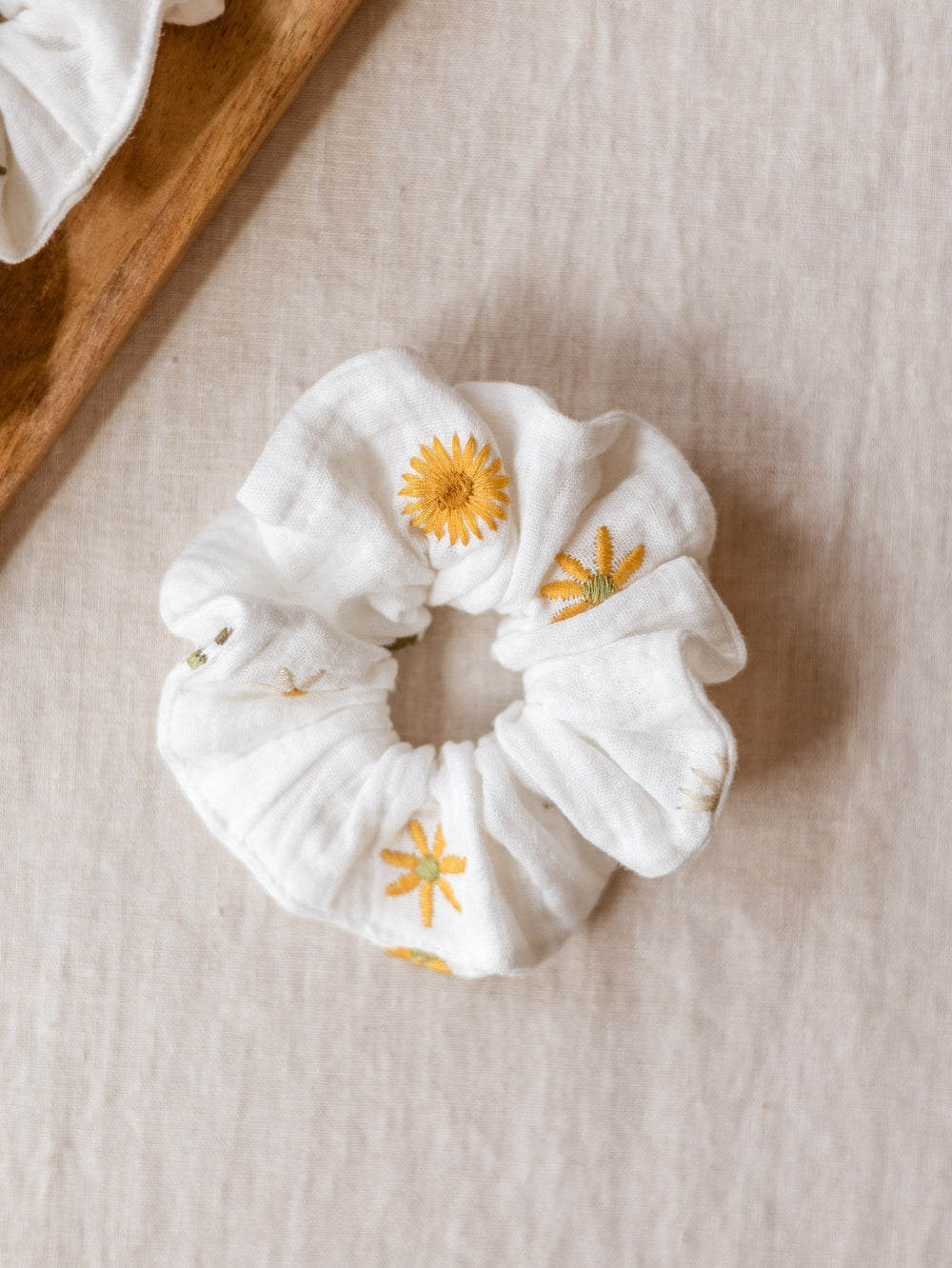 Wide Scrunchie / Spring Floral Embroidered Ivory