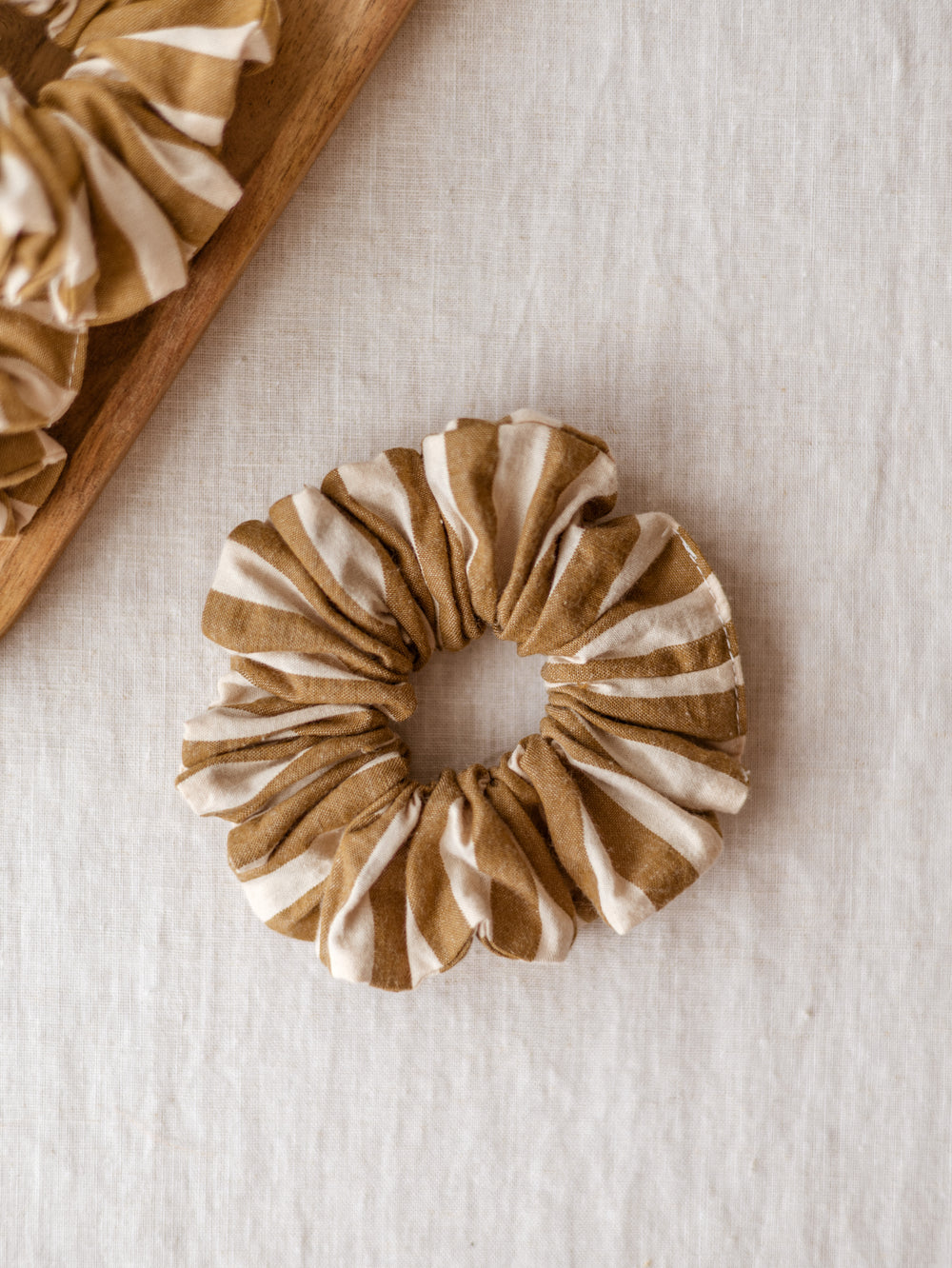 Wide Scrunchie / Olive & Cream Cotton Stripes