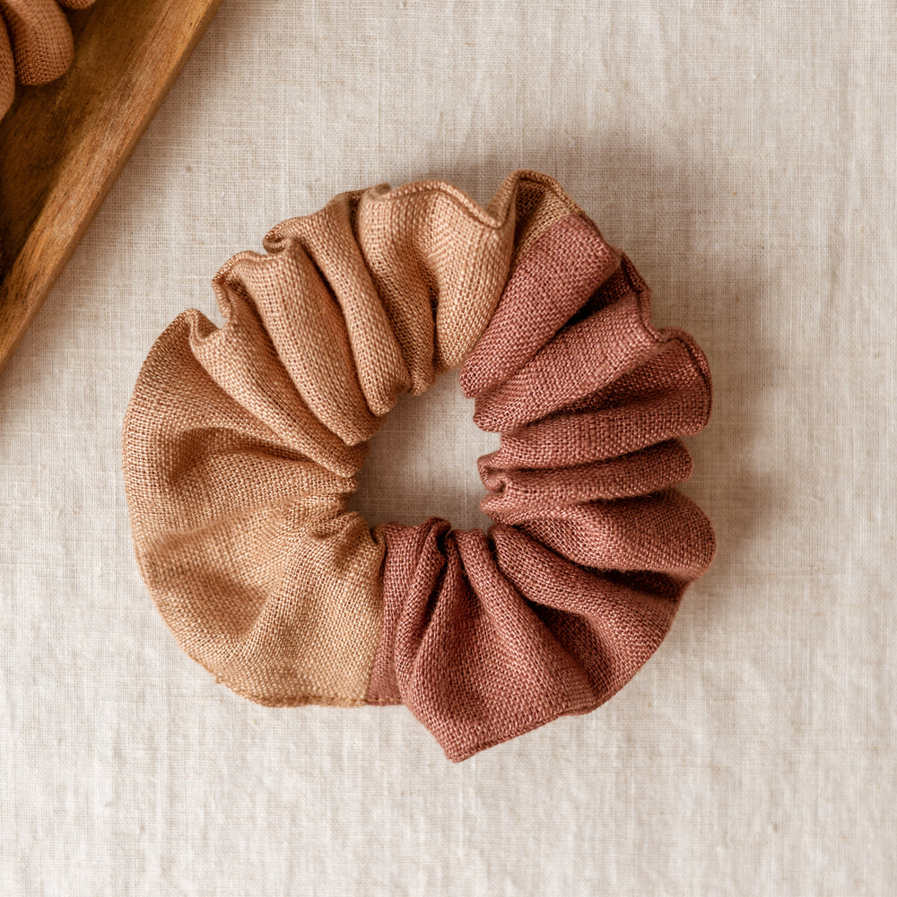 Wide Scrunchie / Linen colorblock -Terrarossa/Maroon