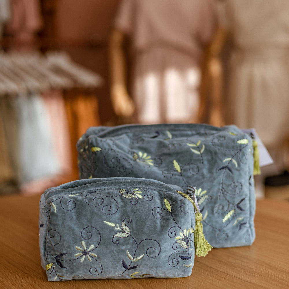 Makeup bag / Embroidered Dusty Blue